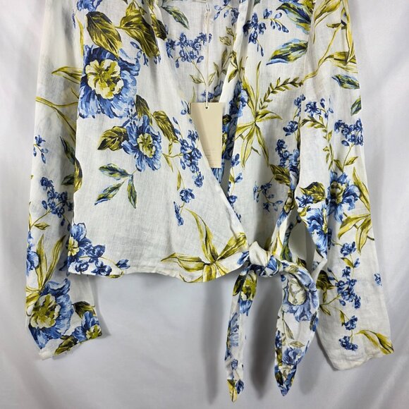 Joie Long Sleeve Linen Wrap Blouse Women's Size Large Ivory, Blue, Yellow Floral - Picture 6 of 12